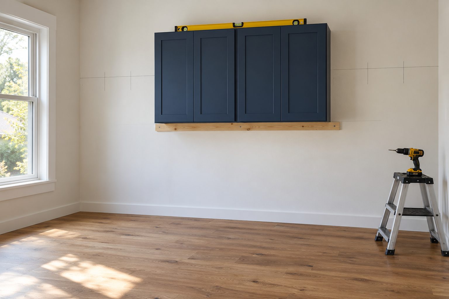 Wall cabinets resting on a temporary ledger board while they are screwed to the studs